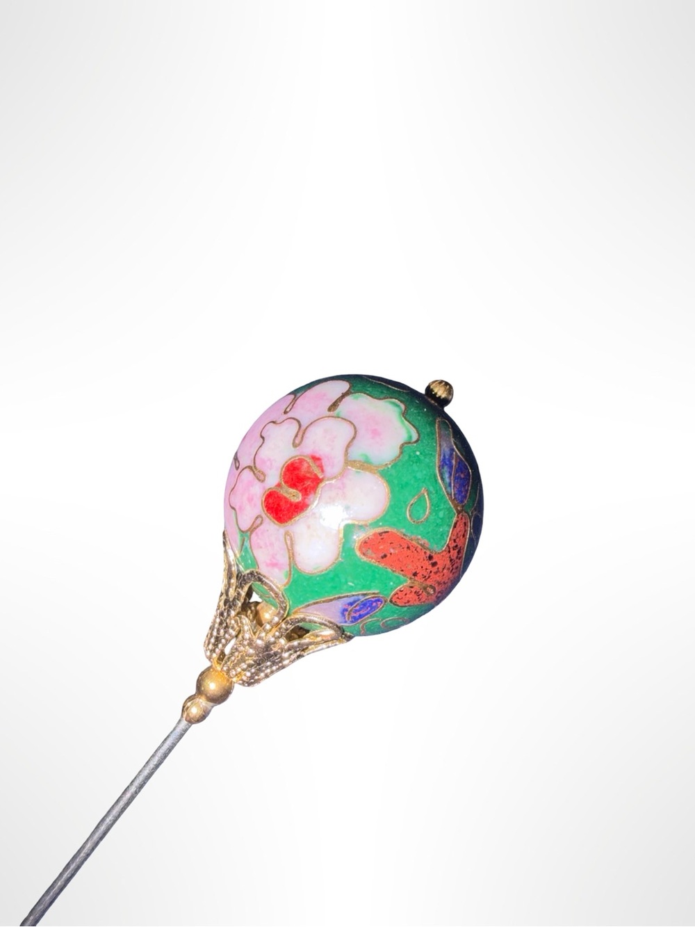 Vintage Chinese Cloisonné Floral Hat Pin Pink Green Enamel Gold Tone - Picture 4 of 9